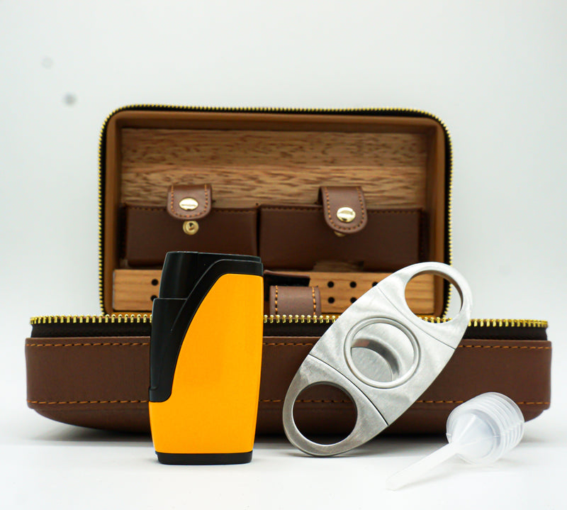Travel Leather Cigar Case Humidor Cedar Wood Holder Tube With Humidifier Gift Box